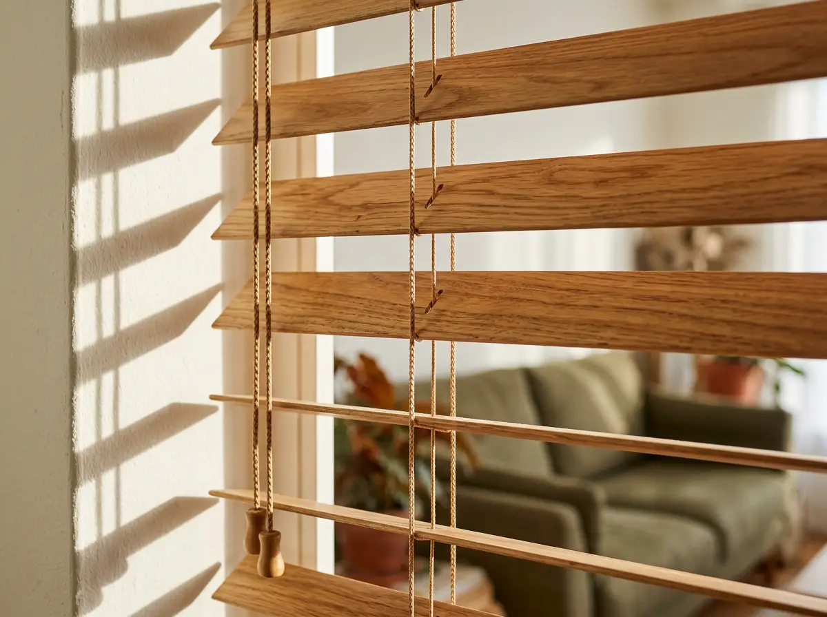 Close-up of warm oak timber venetian slats, cords and tassels catching afternoon light
