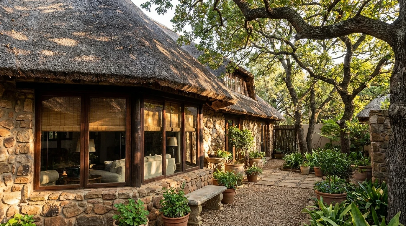 A thatched-roof Illovo home with a shaded courtyard, exterior roller blinds dappled by old trees