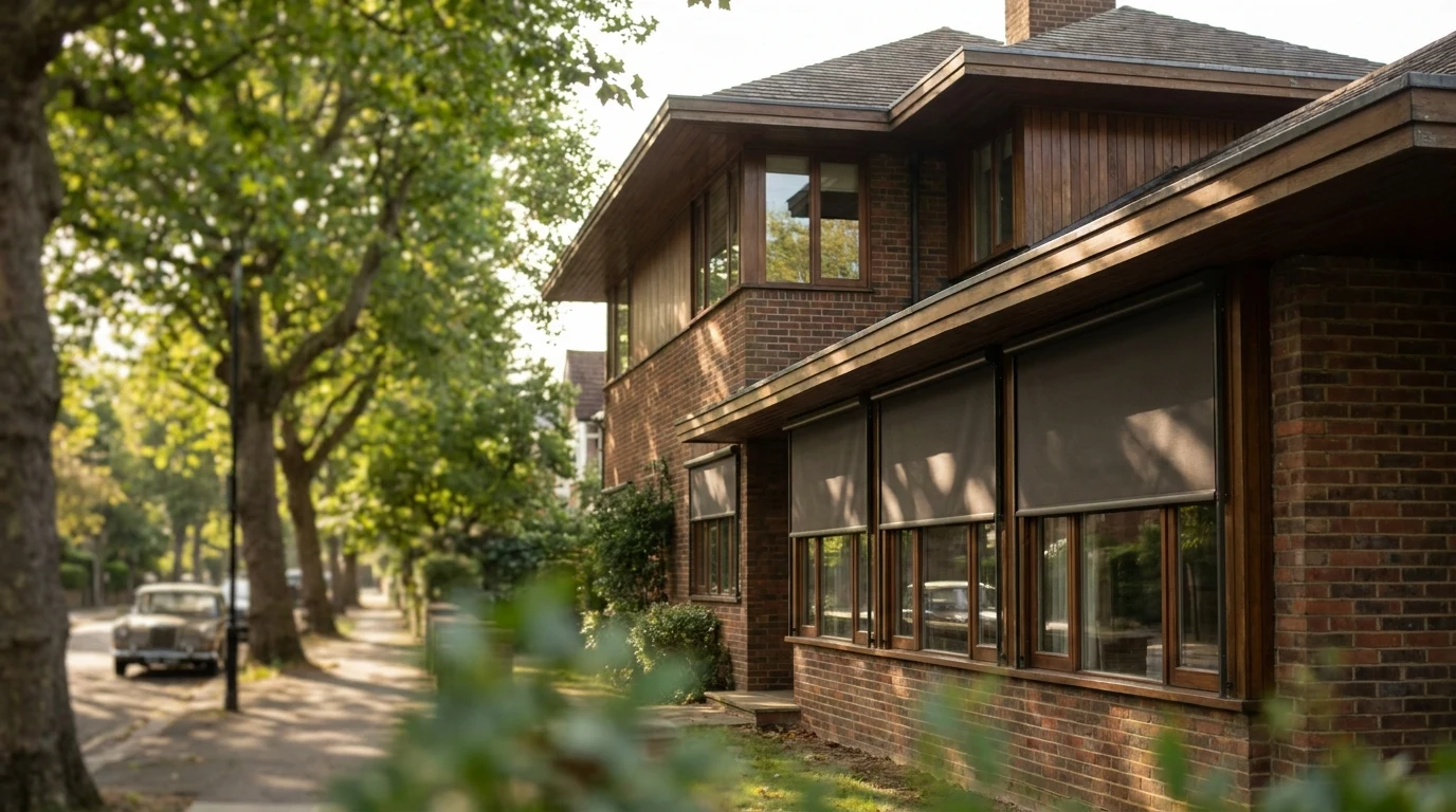 A mid-century Hurlingham home with deep eaves, exterior roller blinds lowered across a row of windows on a quiet tree-lined street