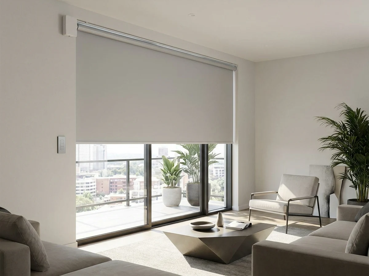 Motorised blockout roller blind and wall-mounted control panel in an Illovo apartment living room