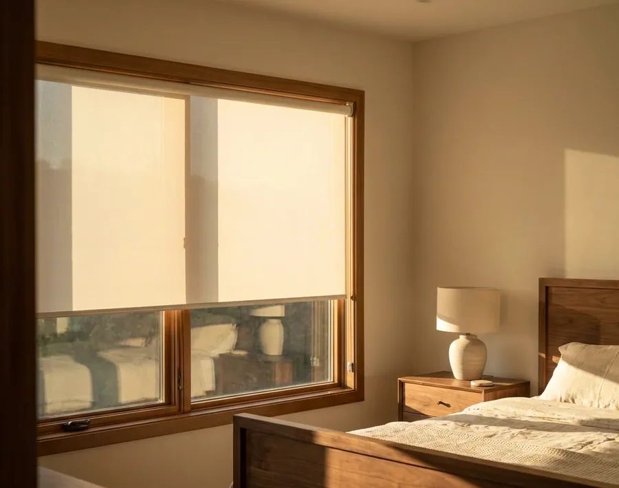 Cream roller blind — one smooth flat sheet on a tube — over a timber-framed bedroom window