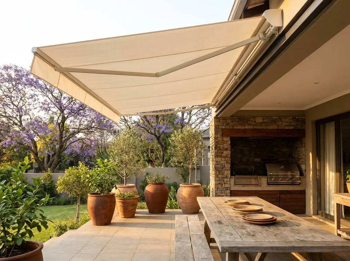 Outdoor awning shading a family patio area near Hurlingham parks